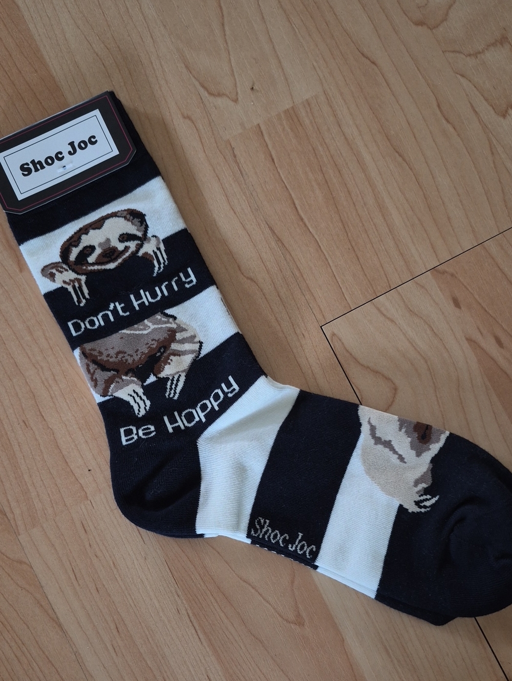 Men's Black & White Sloth Crew Socks - Don't Hurry Be Happy